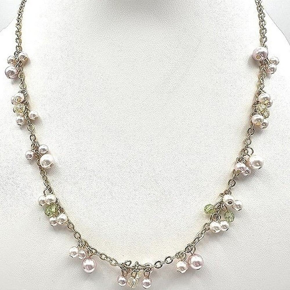 Vintage 90s Cookie Lee Faux Pearl Green Glass Necklace Gold Tone Women's Jewelry